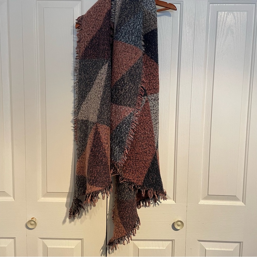 Warm Boho style wrap, dusty rose, blue, grey and white